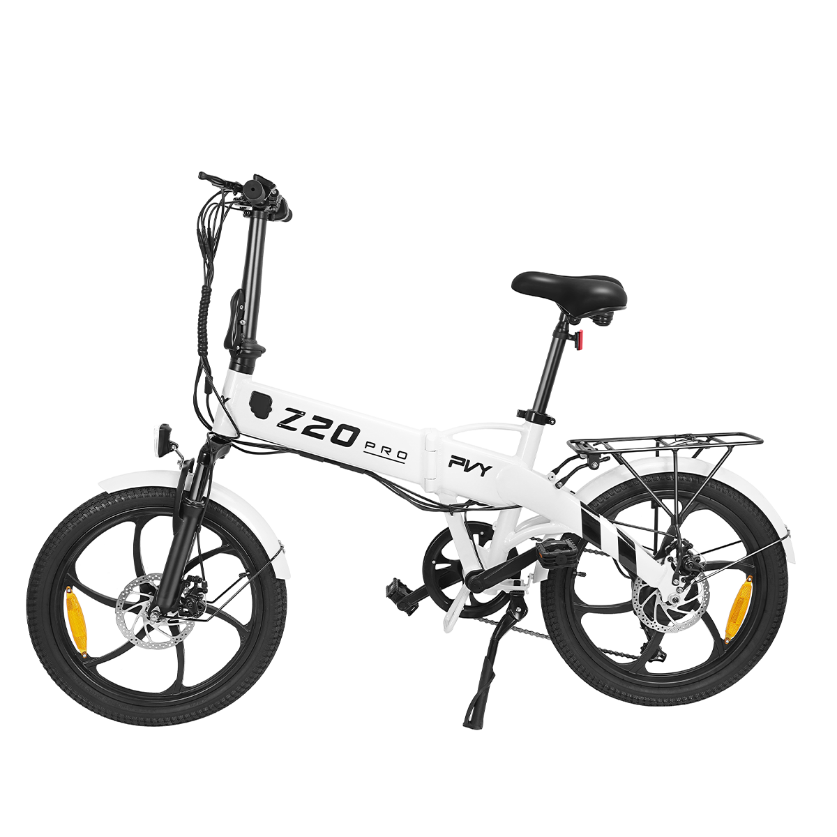 Biały składany rower elektryczny z czarnym siodełkiem i bagażnikiem na białym tle.