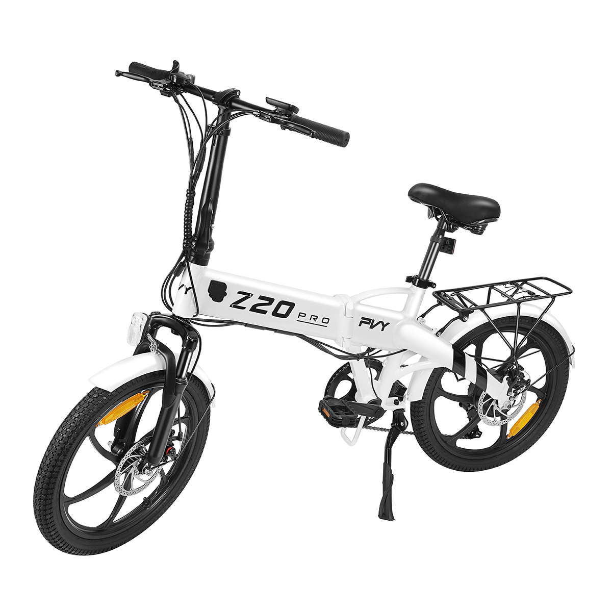 Biały składany rower elektryczny z czarną kierownicą, siodełkiem i kołami.