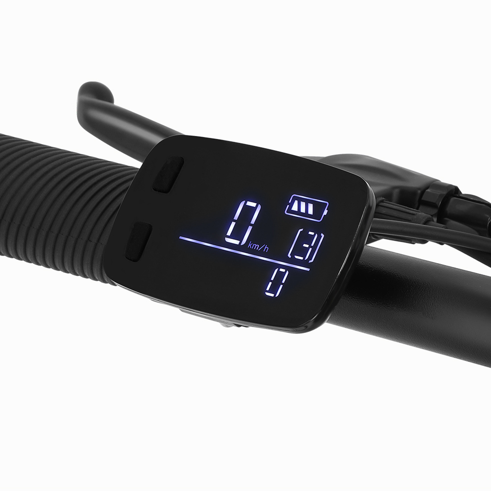 Cyfrowy wyświetlacz roweru pokazujący prędkość 0 km/h, poziom baterii i bieg 3.