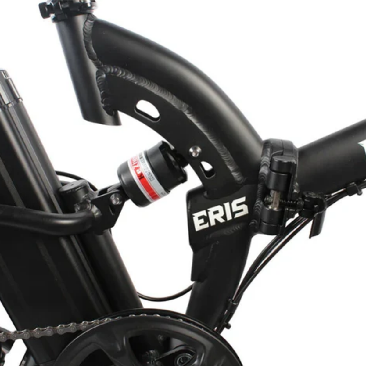 Czarna rama roweru z amortyzatorem i łańcuchem.