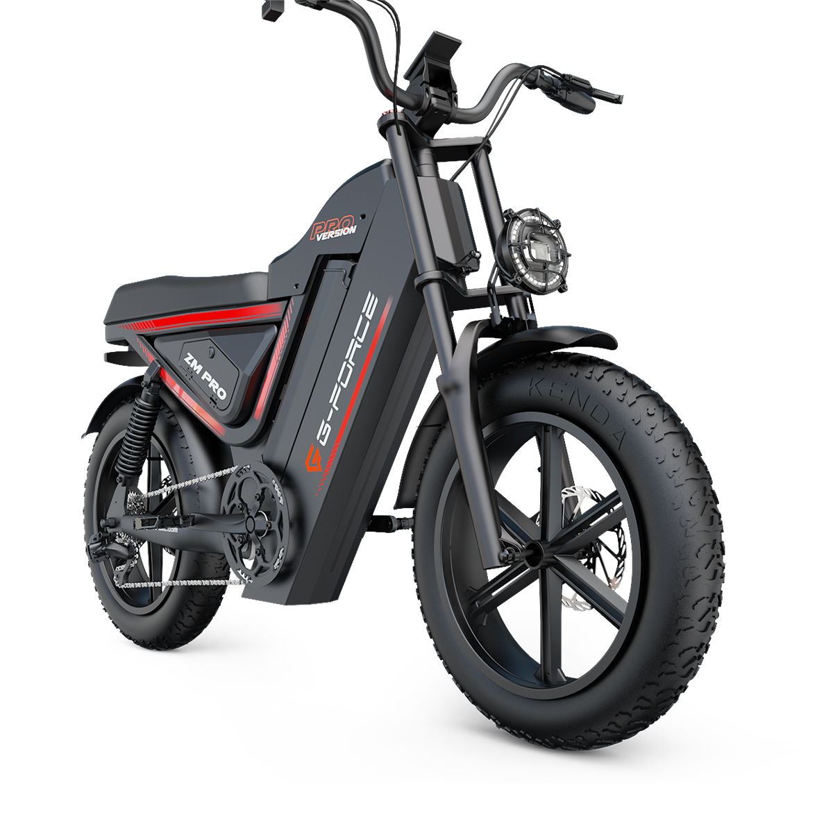 Czarny rower elektryczny z szerokimi oponami, czerwoną paskiem i srebrnym logo G-FORCE.