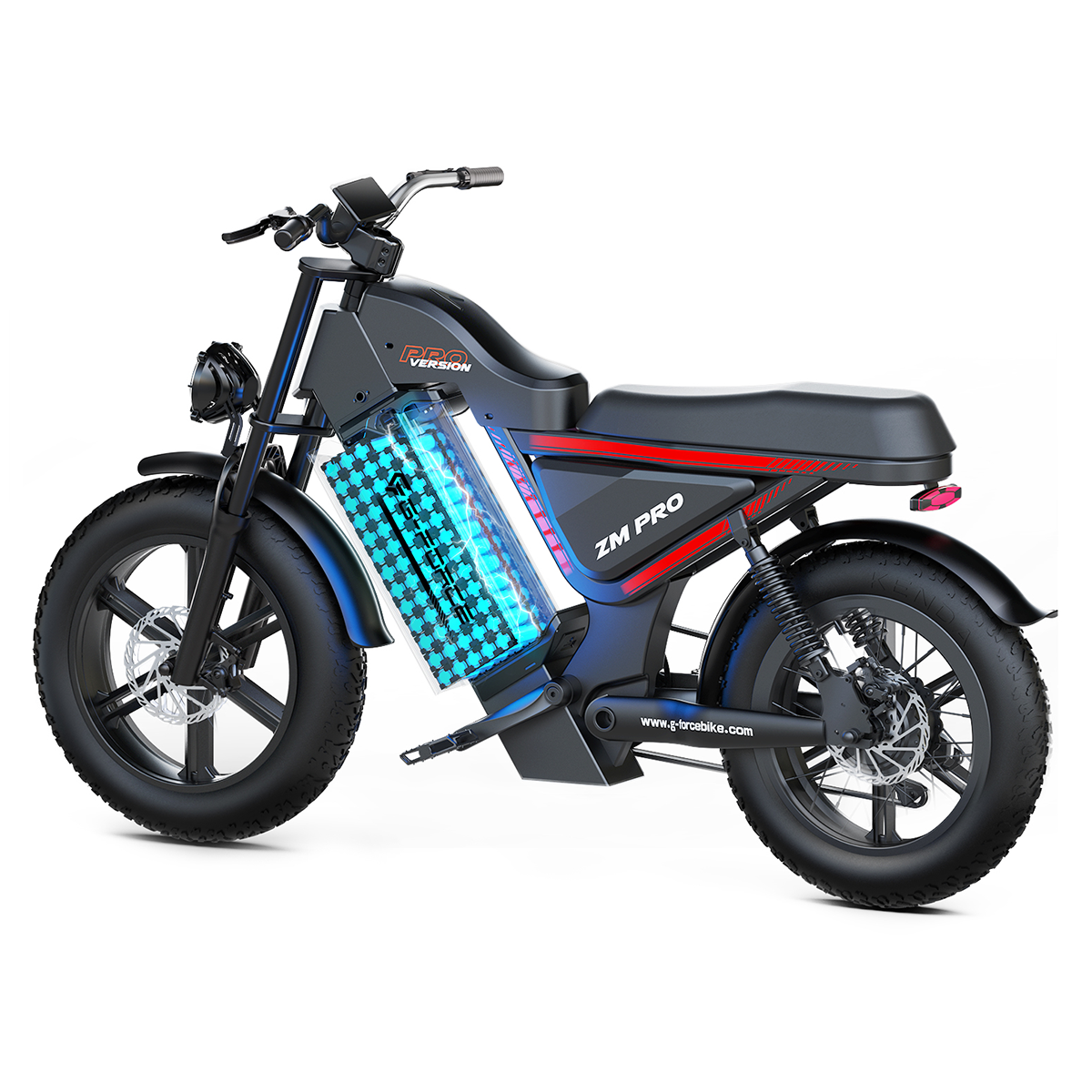 Czarny rower elektryczny z niebieską baterią, grubymi oponami i czerwonymi akcentami. Na białym tle.