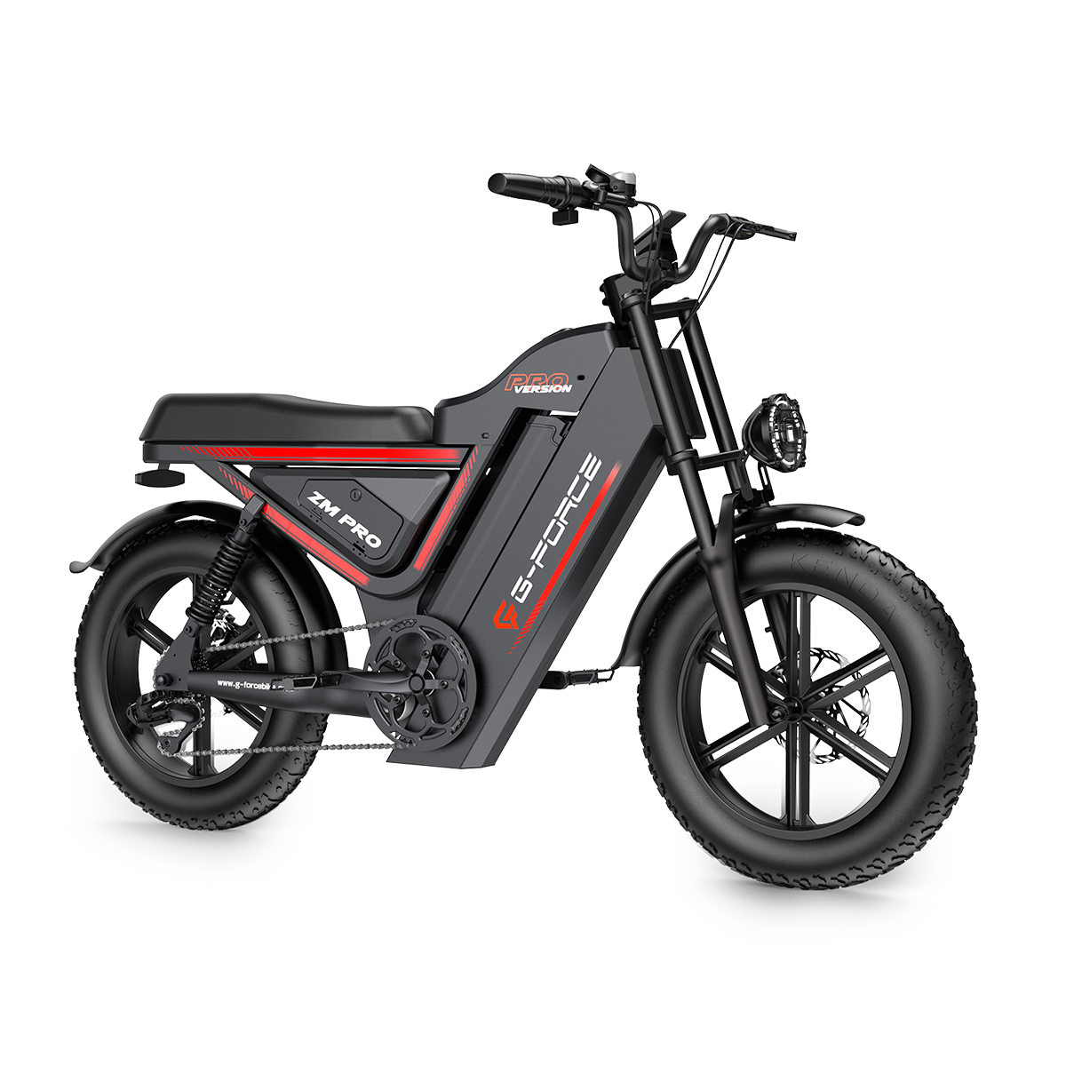 Szary rower elektryczny z czerwonymi akcentami, grubymi oponami i amortyzacją.