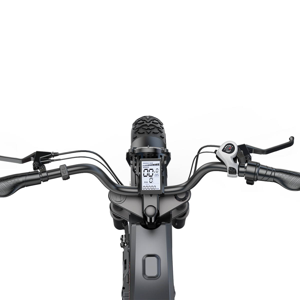 Kierownica roweru elektrycznego z cyfrowym wyświetlaczem, chwytami i dźwigniami hamulca.