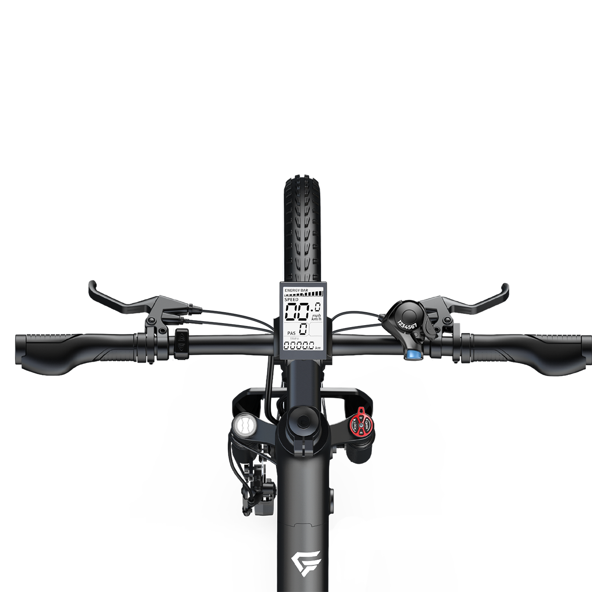 Zbliżenie na kierownicę czarnego roweru elektrycznego z wyświetlaczem, hamulcami.