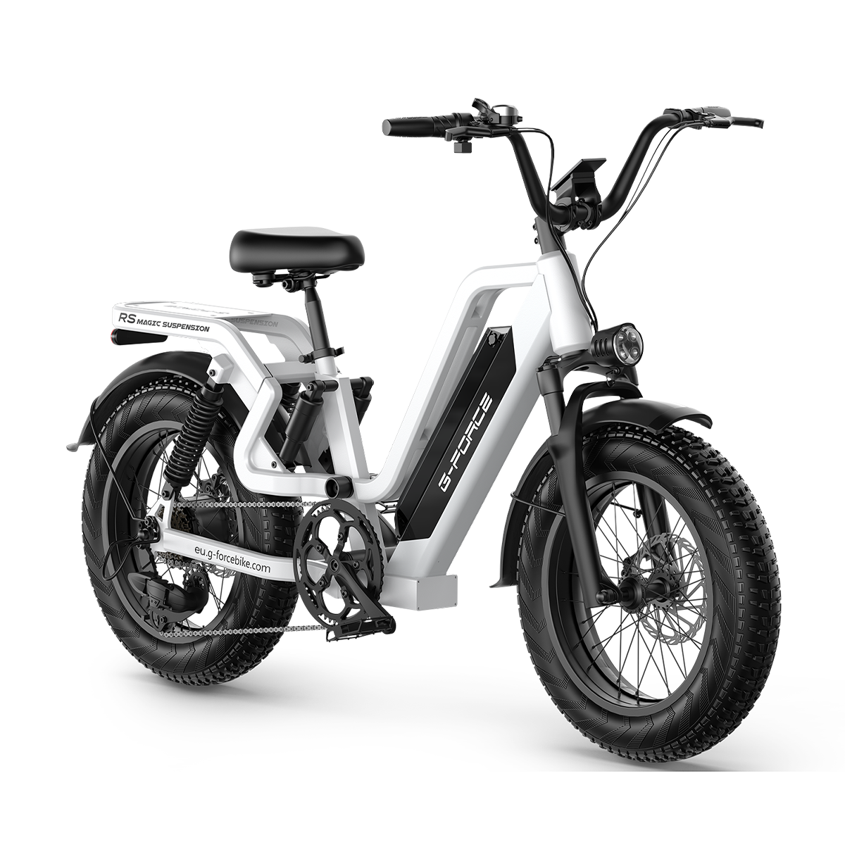 Biały rower elektryczny z grubymi oponami i amortyzacją na białym tle.