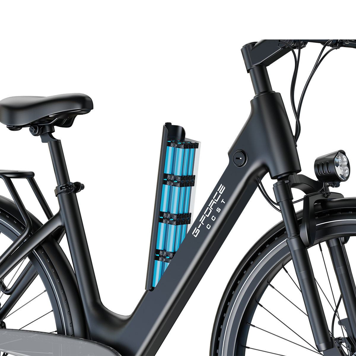 Czarny rower elektryczny z odsłoniętym akumulatorem pokazującym niebieskie ogniwa.