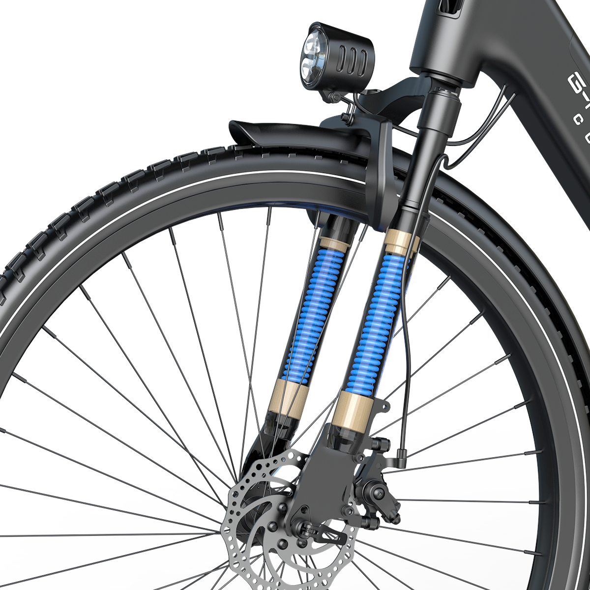 Zbliżenie przedniego koła roweru, amortyzatora i reflektora.