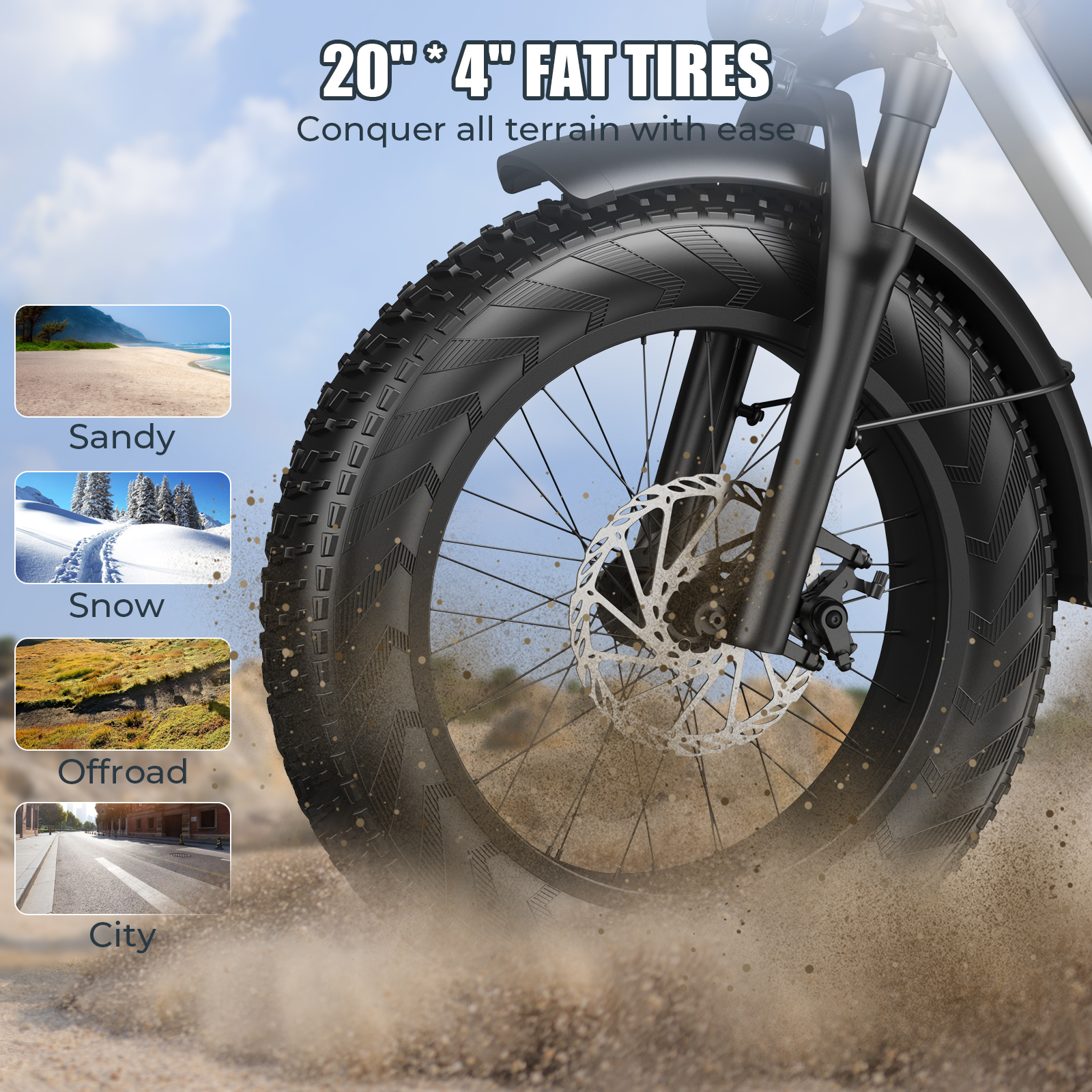 Zbliżenie grubego koła roweru unoszącego kurz. Tekst: Opony 20"x4".