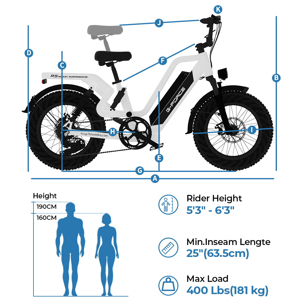 Rysunek techniczny białego roweru elektrycznego z wymiarami dla wzrostu i obciążenia.