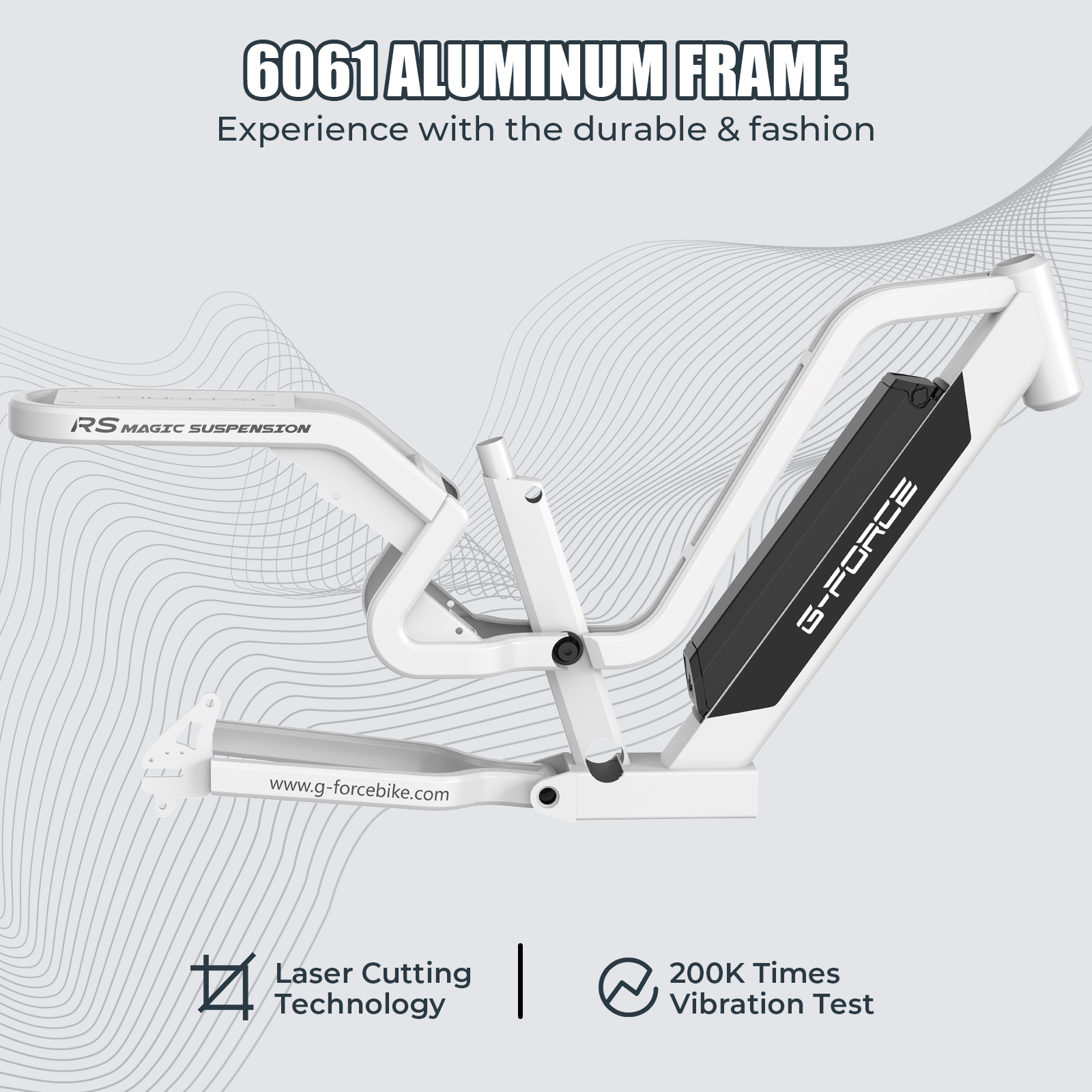 Biała aluminiowa rama roweru z czarnym modułem baterii.