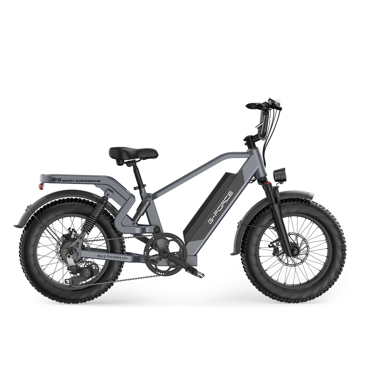 Szary rower elektryczny z szerokimi oponami, amortyzacją i logo G-Force.