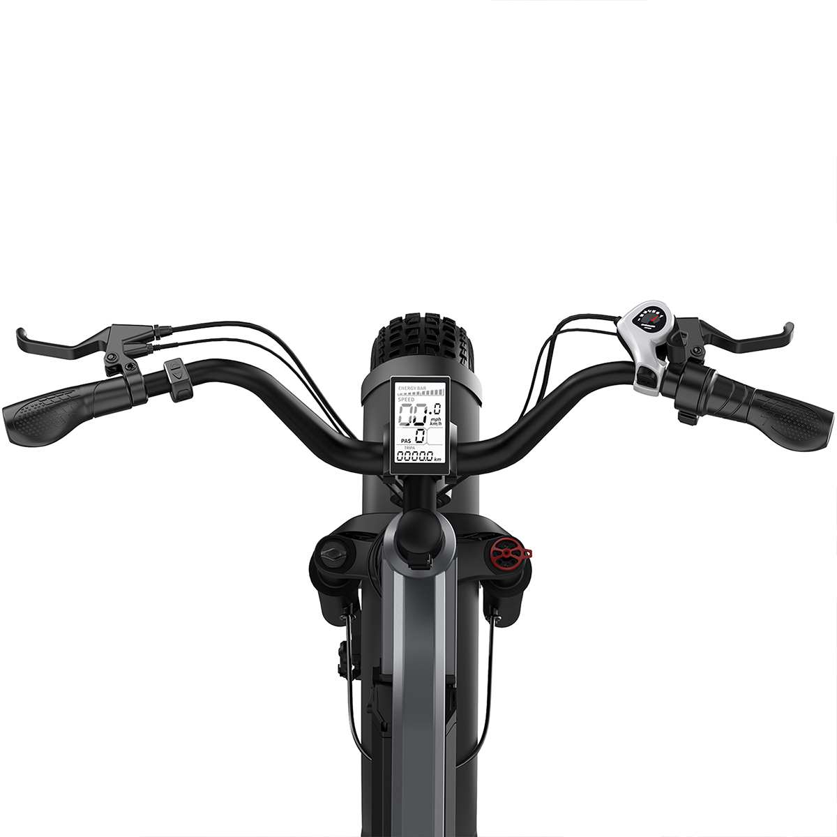 Zbliżenie kierownicy roweru elektrycznego z wyświetlaczem, uchwytami i hamulcami.