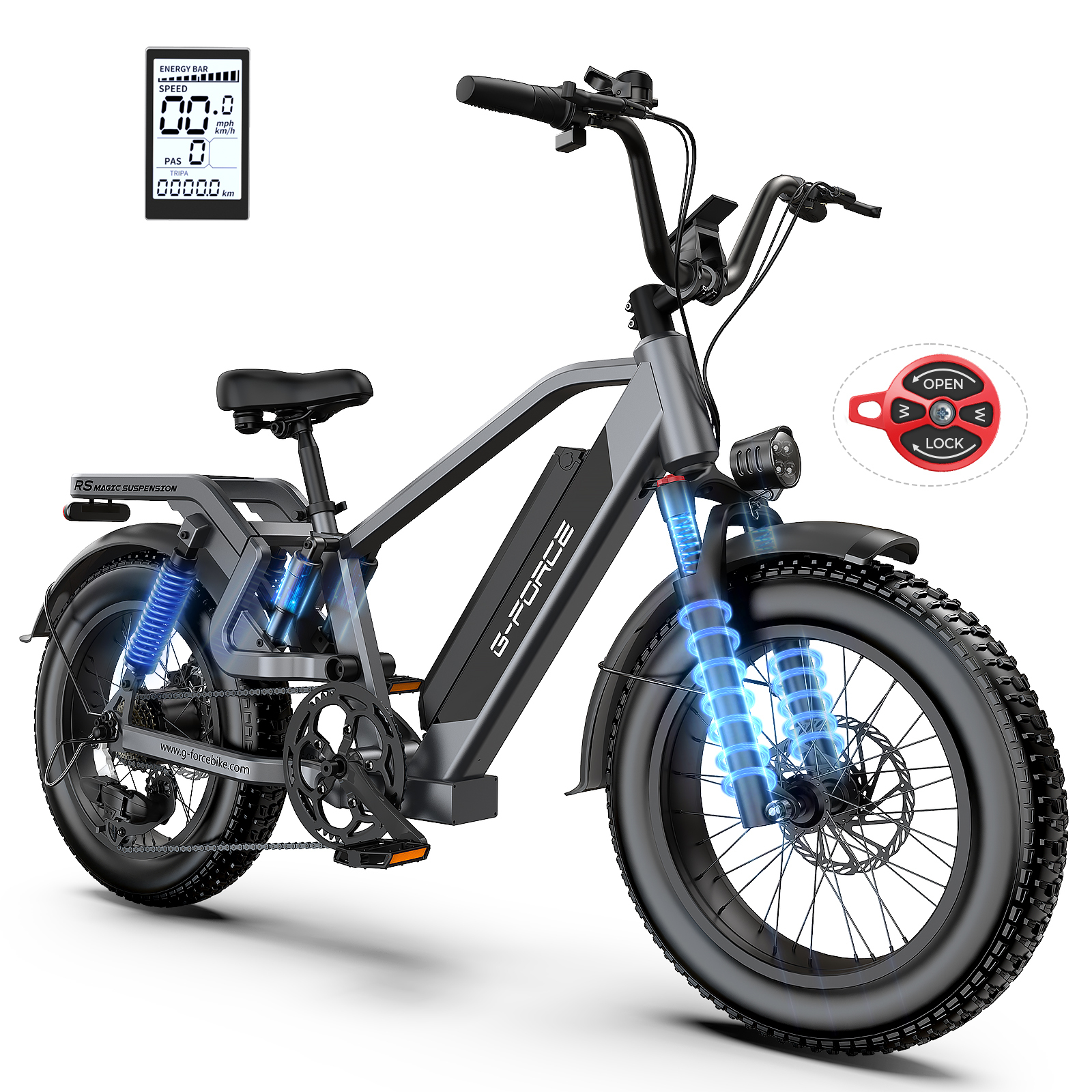 Szary rower elektryczny z niebieskim podświetleniem amortyzacji i wyświetlacza.