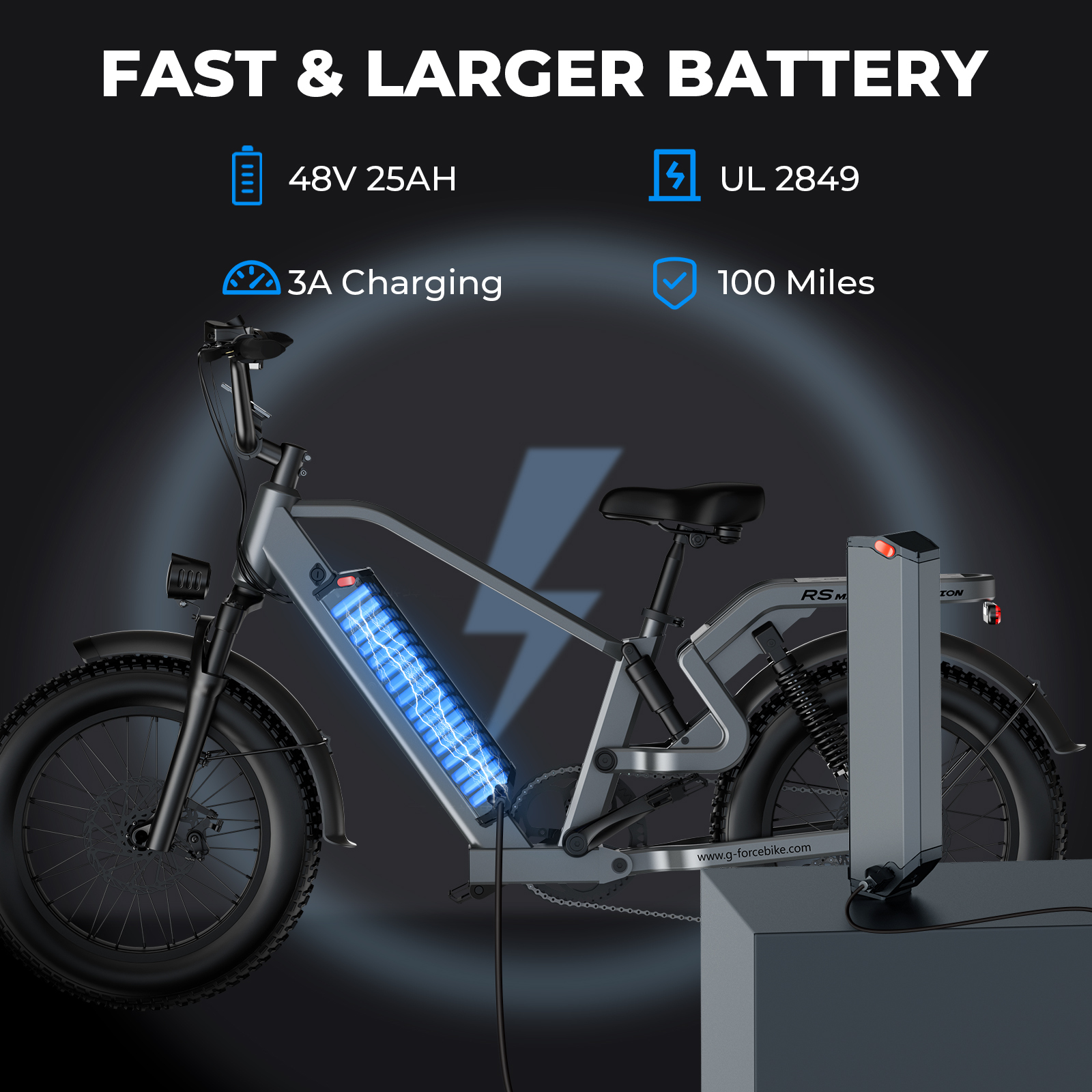Szary rower elektryczny z podświetlaną baterią, 48V 25AH, ładowanie 3A, 100 mil.