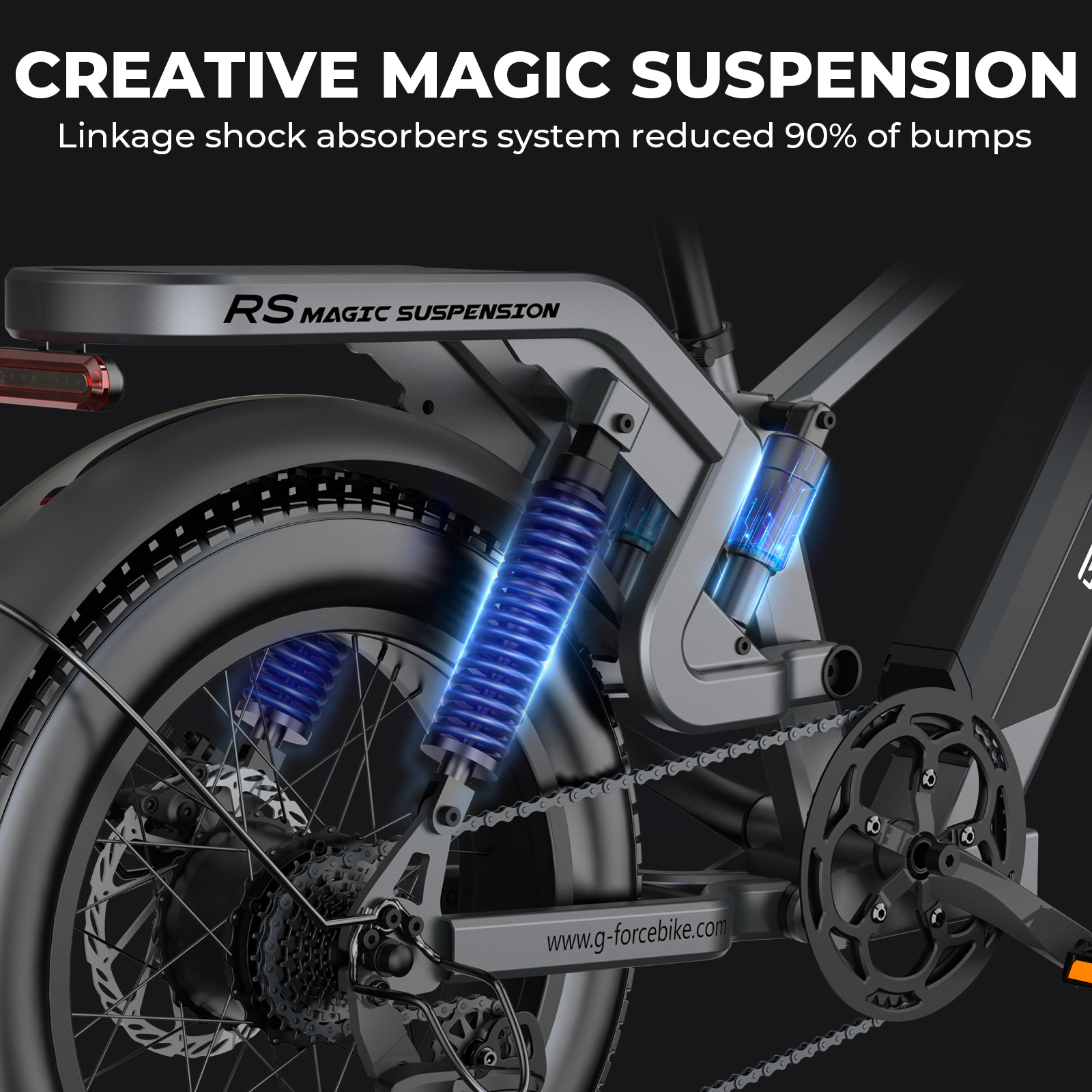 Zbliżenie ramy roweru z niebieskimi amortyzatorami i łańcuchem.