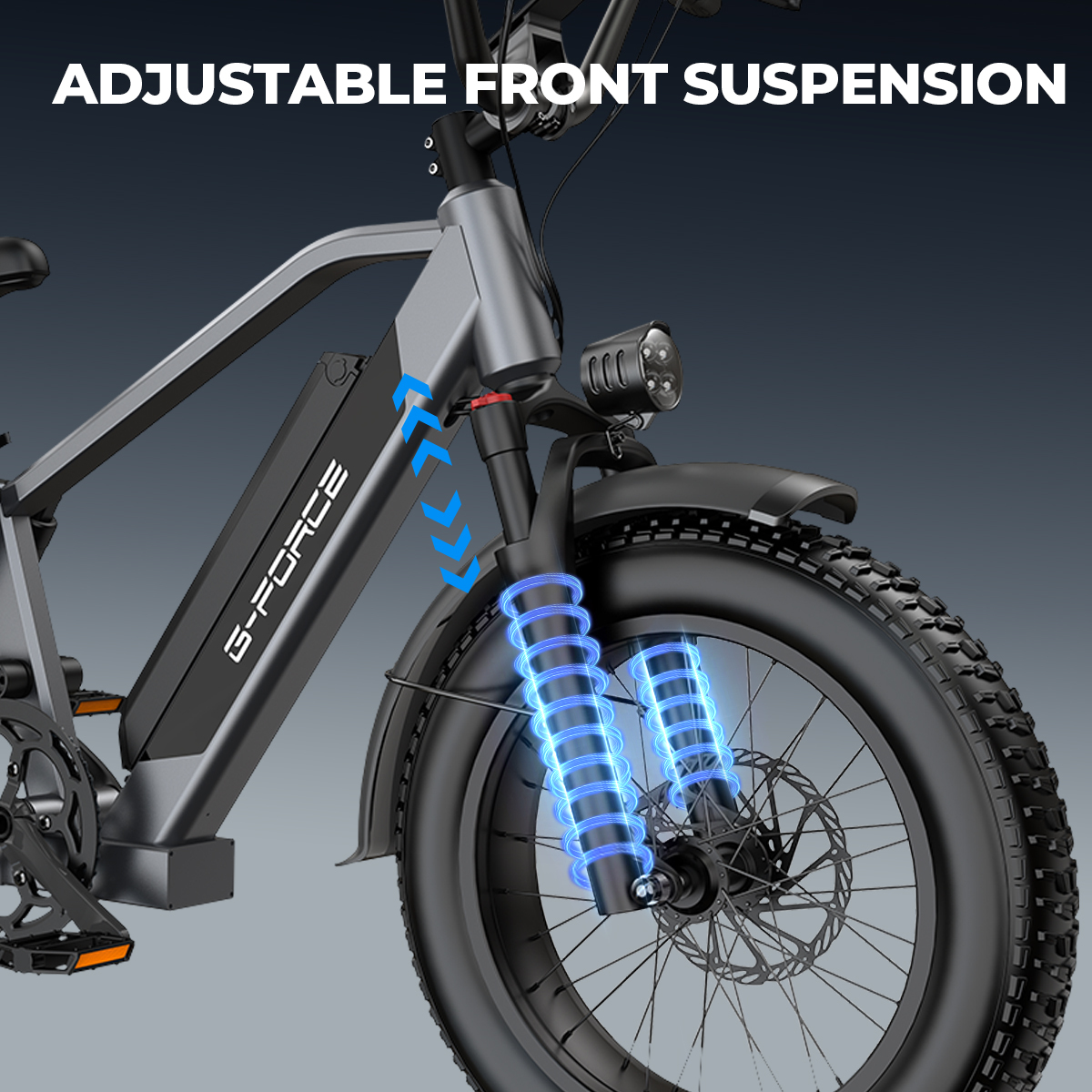 Zbliżenie roweru elektrycznego z uwydatnionym na niebiesko przednim zawieszeniem.