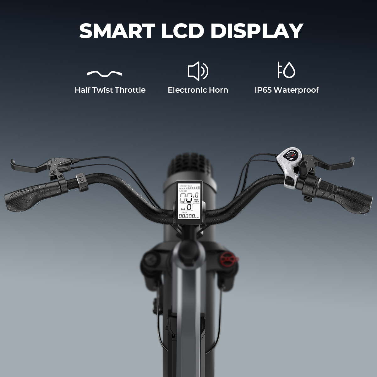 Zbliżenie kierownicy roweru elektrycznego z inteligentnym wyświetlaczem LCD pokazującym prędkość i PAS.