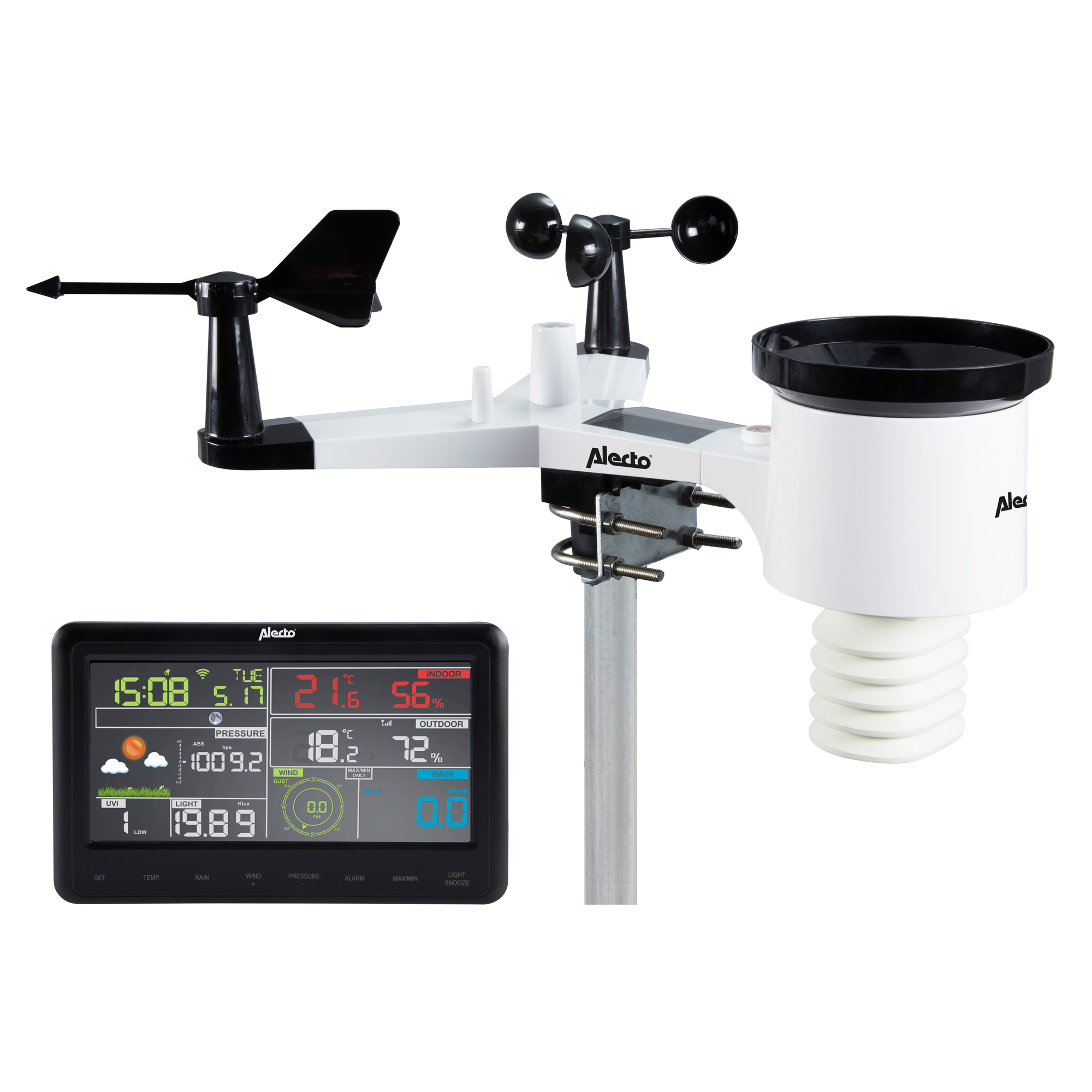 Alecto weerstation met anemometer, windvaan en display.