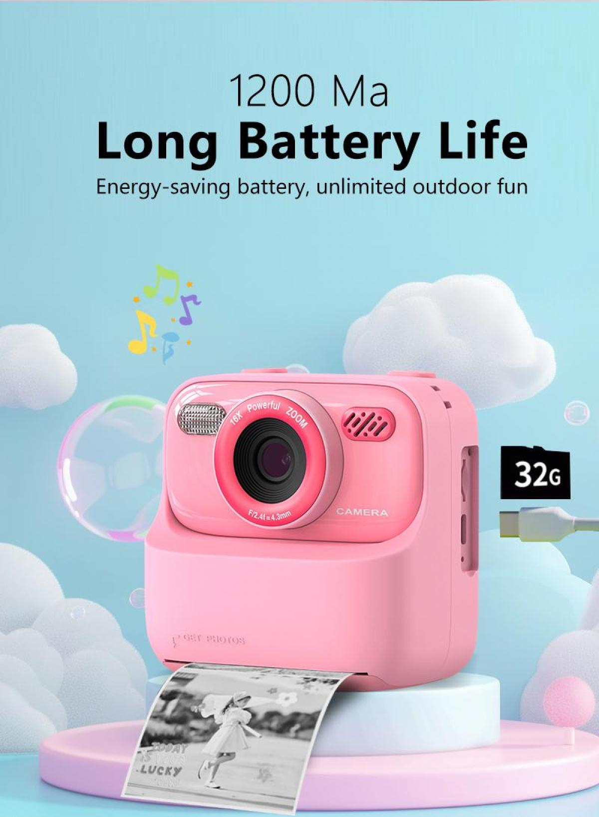 Eine rosa Digitalkamera mit 16-fachem Zoom druckt ein Schwarz-Weiß-Foto.