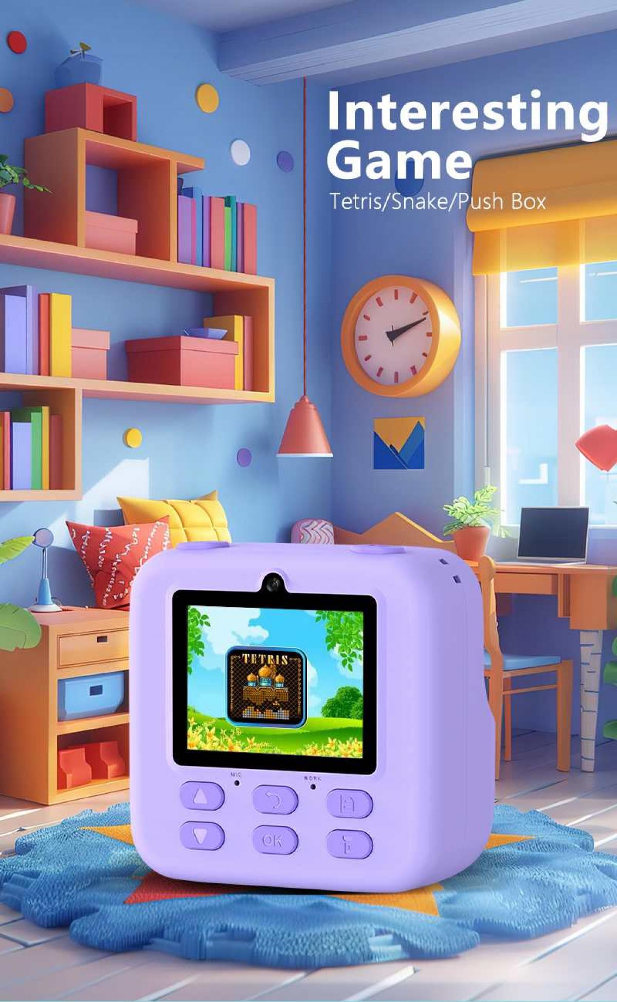 Ein lila Tetris-Spielgerät steht auf einer Decke vor einem Bücherregal.