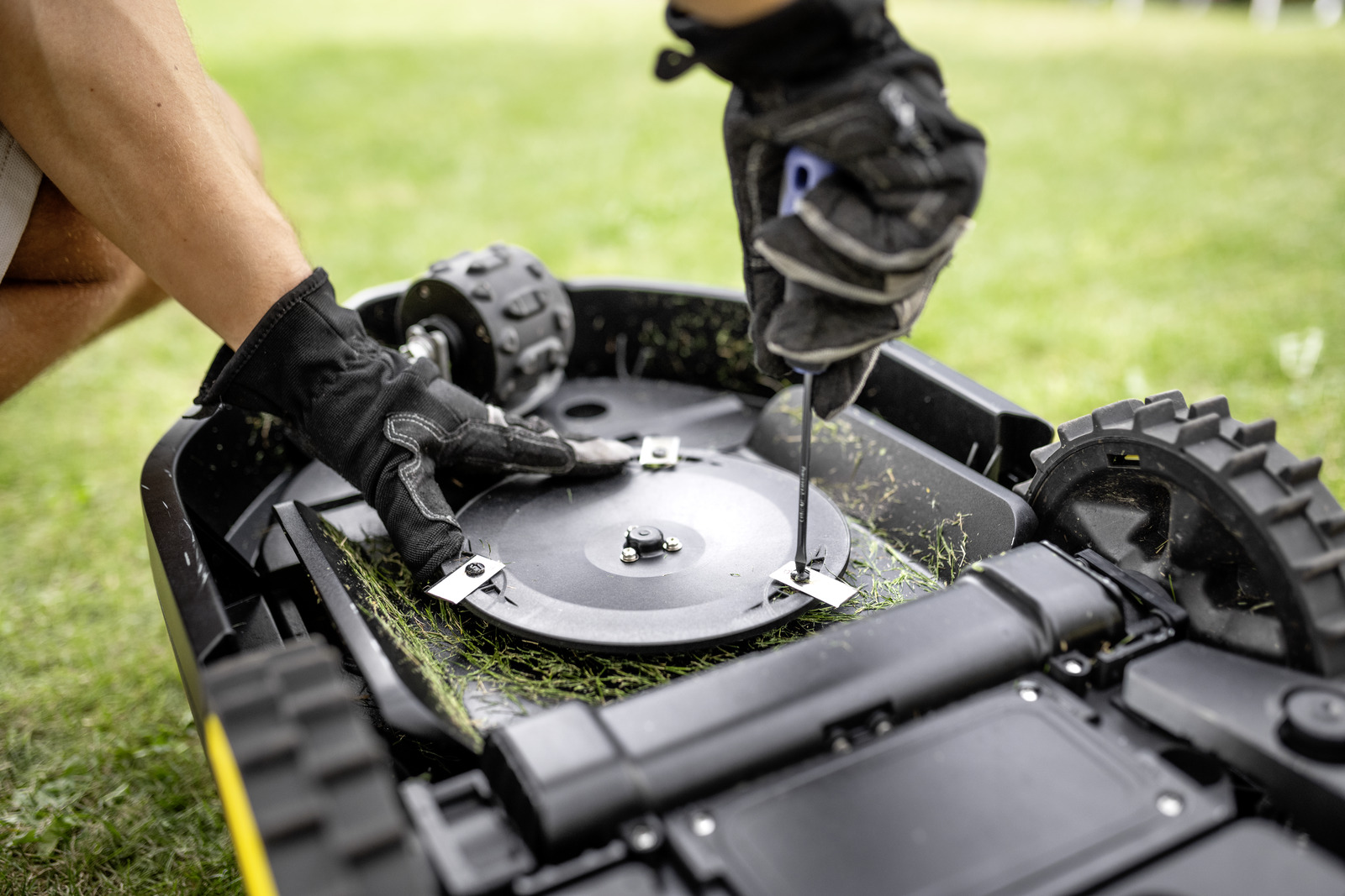 Person mit Handschuhen wechselt Mähroboter-Klingen mit Schraubendreher.