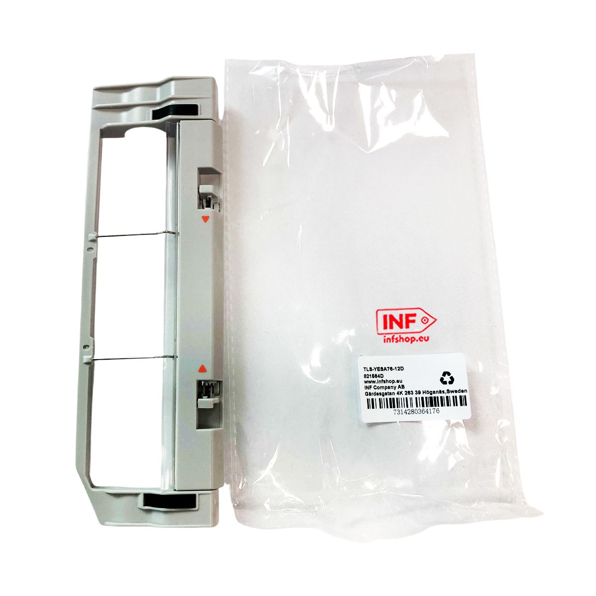 Szary uchwyt obok plastikowej torby z logo INF i informacjami o produkcie.