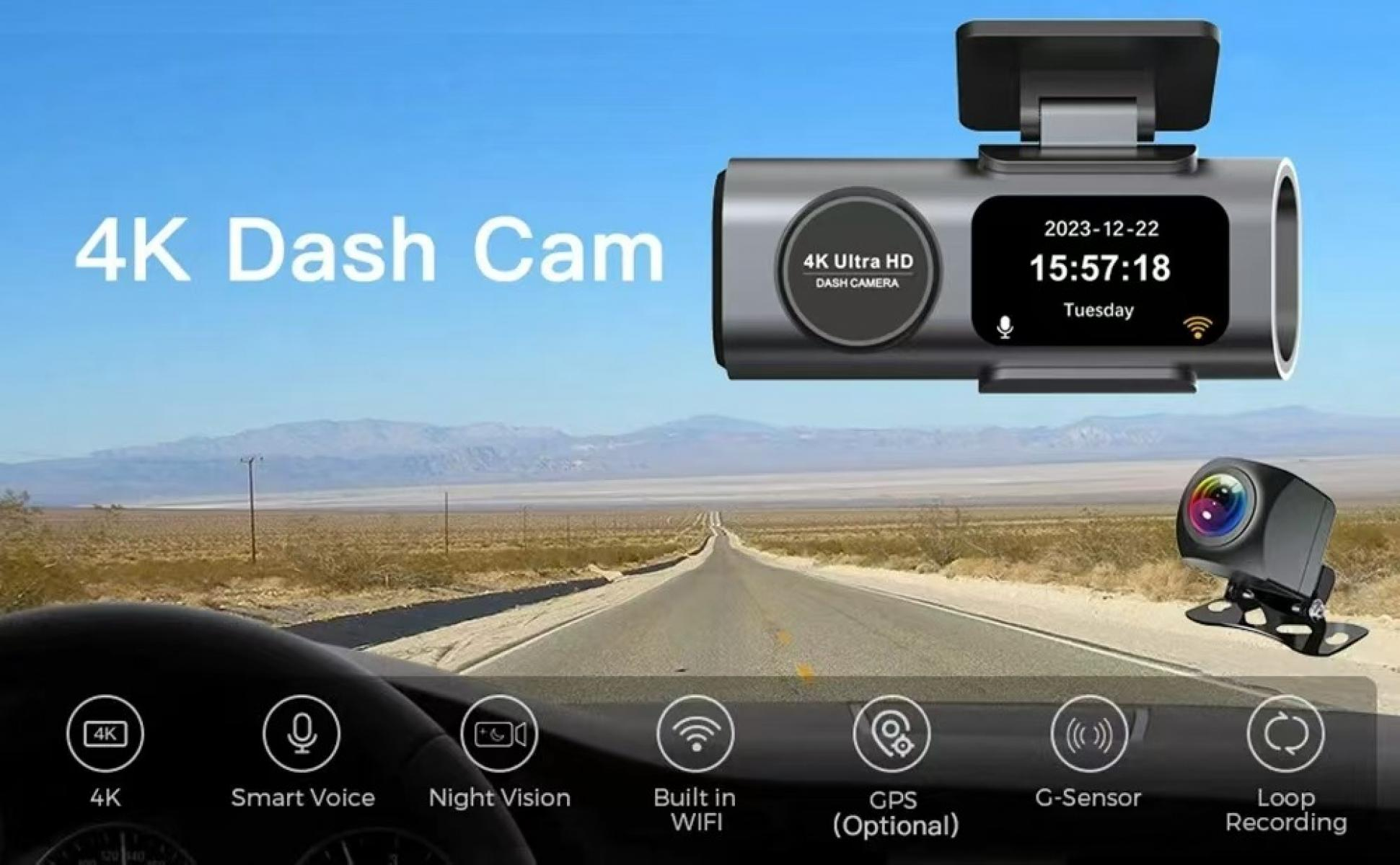 Ein 4K Dashcam-Display zeigt Uhrzeit und Datum. Eine Straße führt durch eine Wüstenlandschaft.
