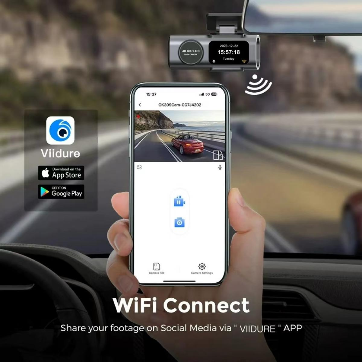 Eine Dashcam und ein Smartphone zeigen eine Straßenansicht und App-Downloads.
