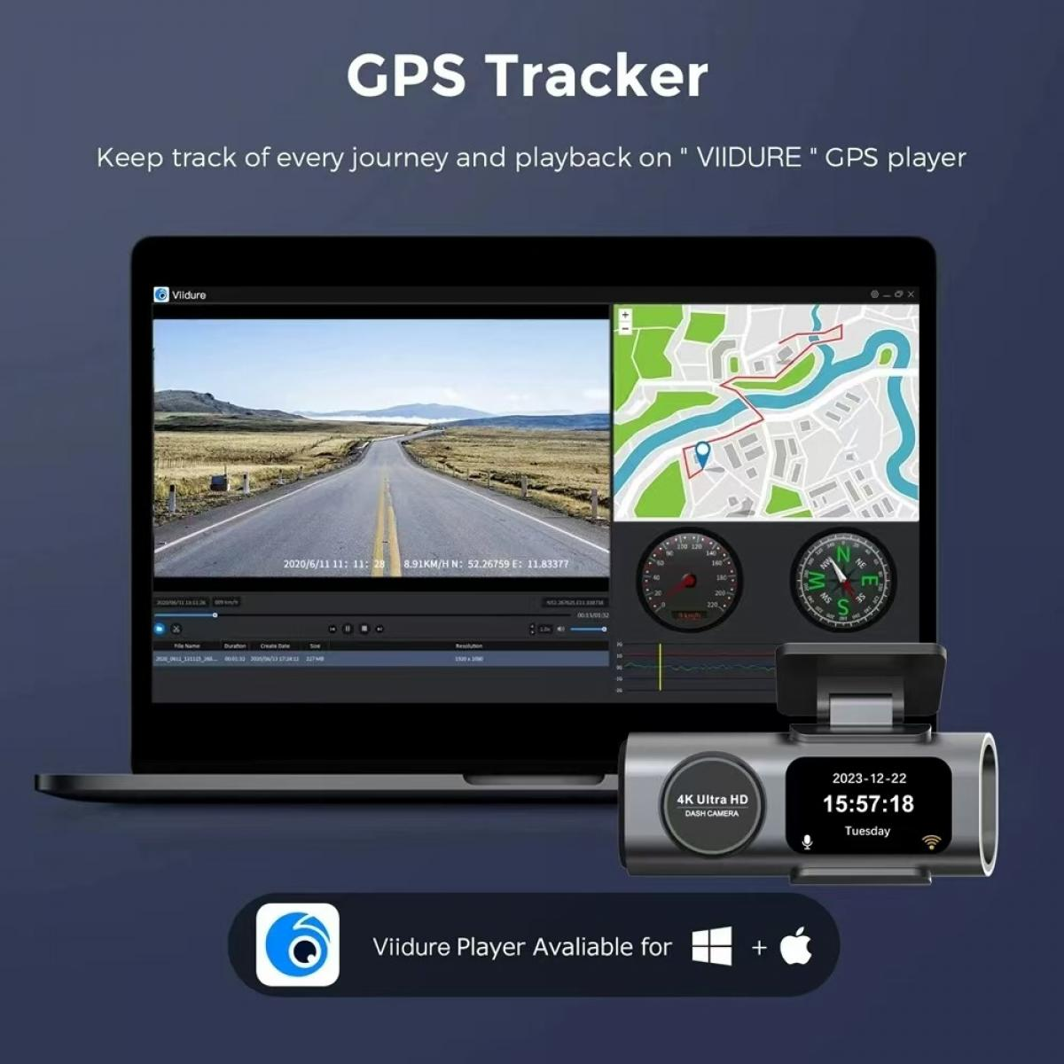 Laptop zeigt eine Dashcam-App mit Karte, Tachometer und Kompass.