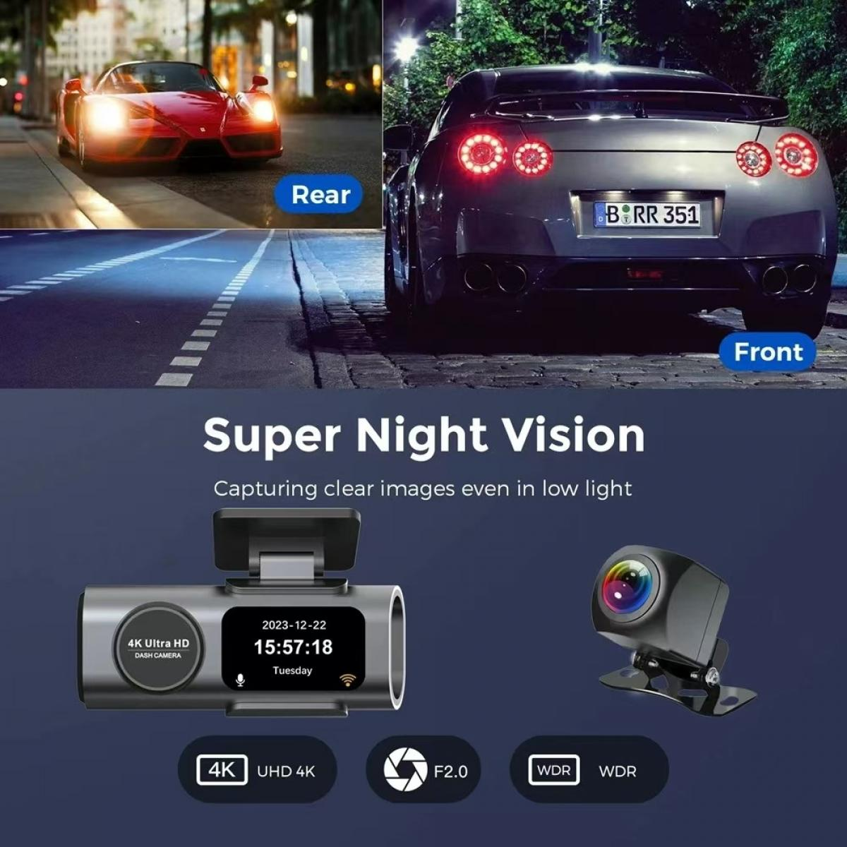 Ein rotes und ein graues Auto, Dashcam-Displays, Super Nachtsicht-Logo.