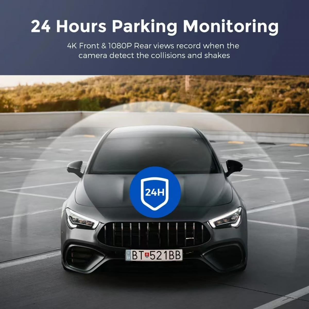 Graues Auto im Parkhaus mit Überwachungssymbol und Text 24h.