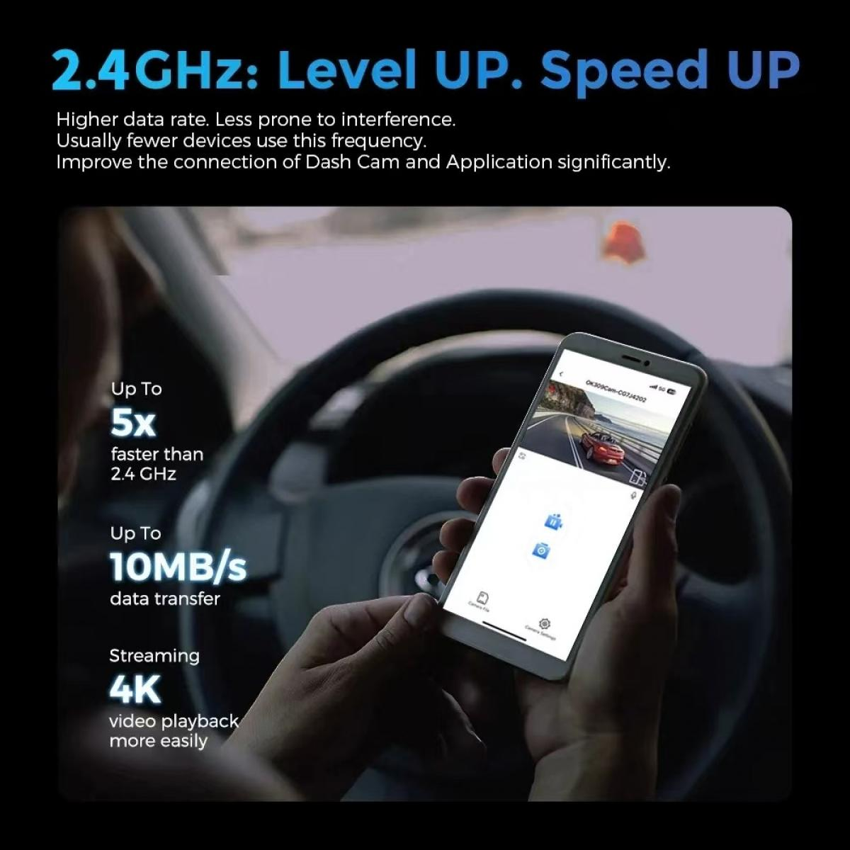 Person hält Handy im Auto, zeigt 4K-Streaming und 10MB/s Datentransfer an.