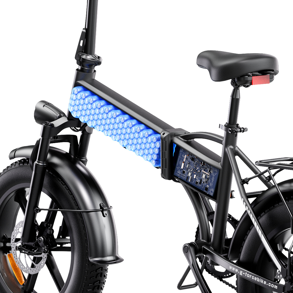 Czarny rower elektryczny z niebieskimi, podświetlanymi ogniwami baterii.