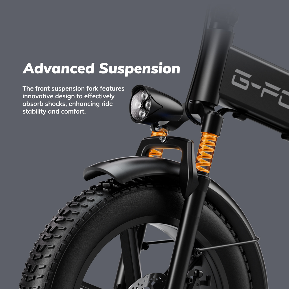 Zbliżenie przedniego widelca czarnego roweru elektrycznego z amortyzatorem.