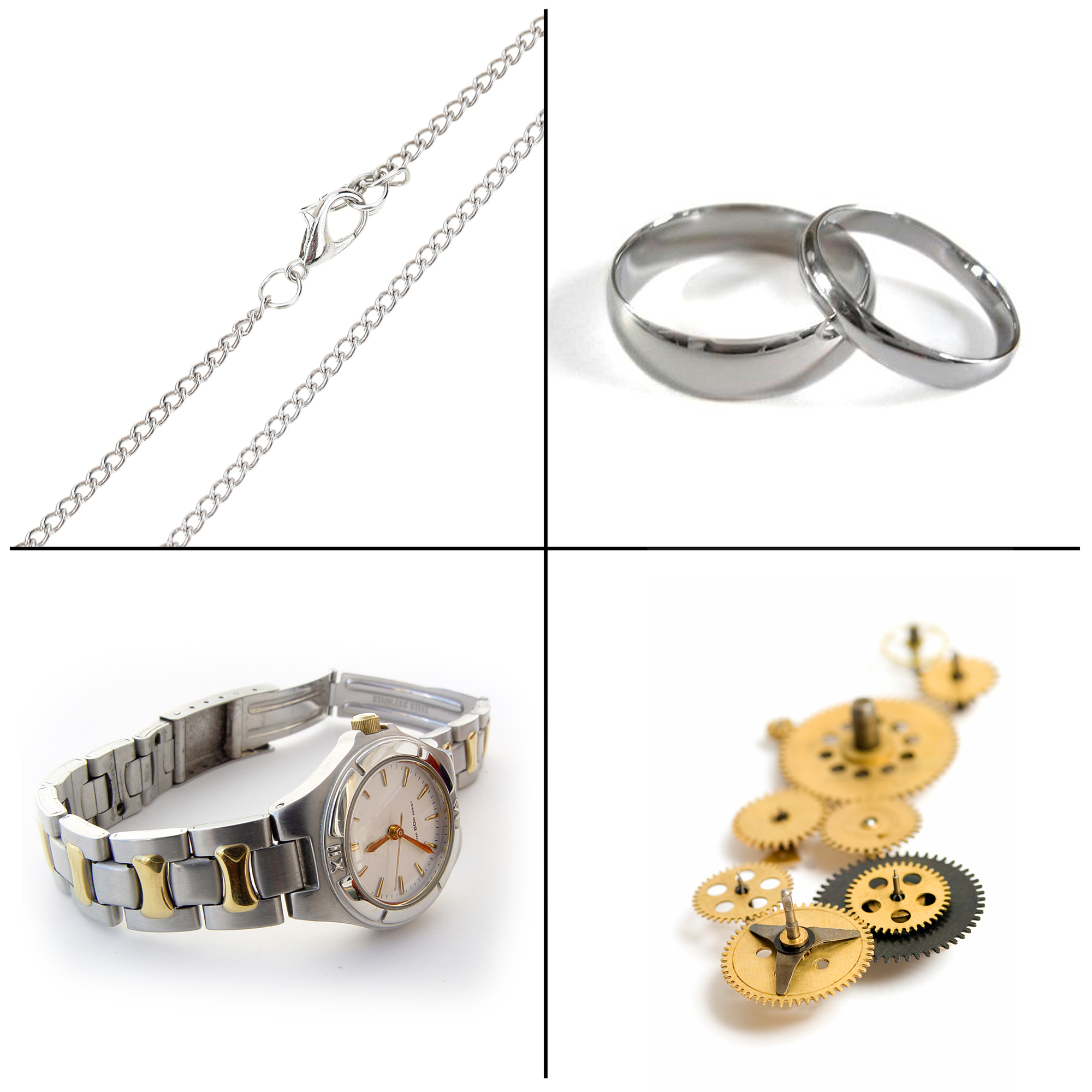 Collage aus Schmuck und Uhrenteilen: eine Silberkette, zwei Ringe, eine Uhr und Zahnräder.