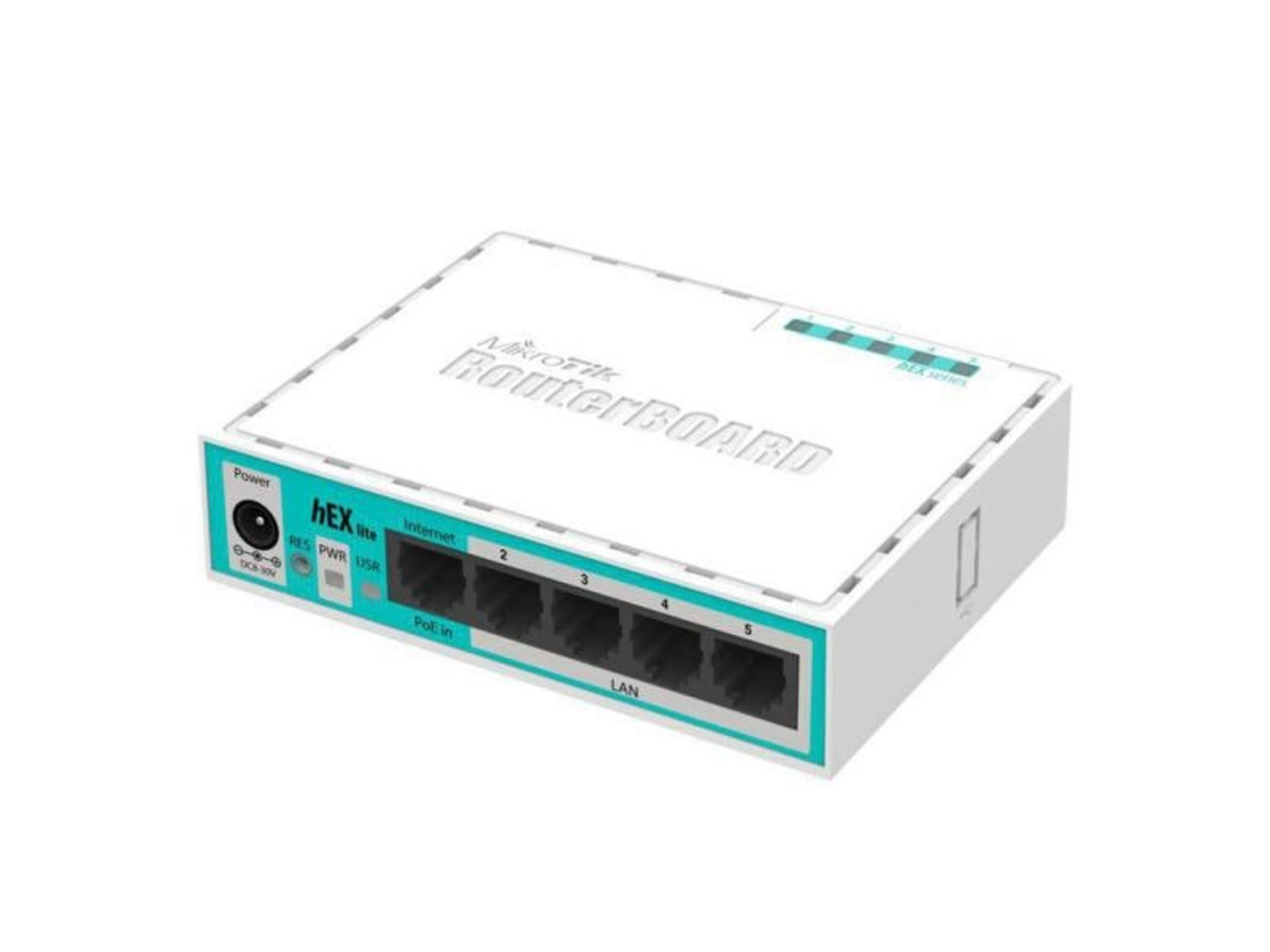 Biały router MikroTik z pięcioma portami LAN i złączem zasilania.