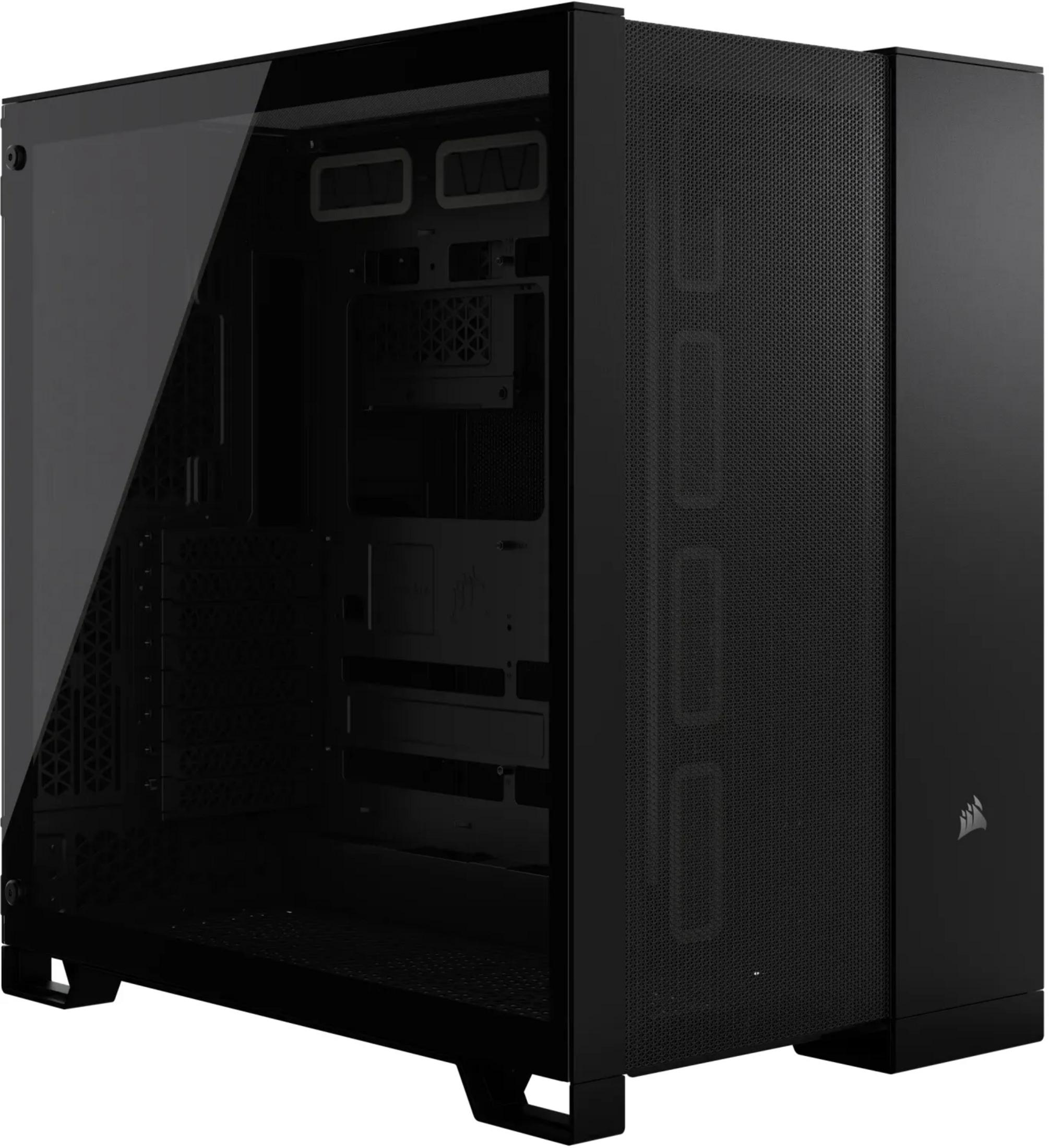 Caja de PC negra con frente de cristal y ranuras de ventilación.