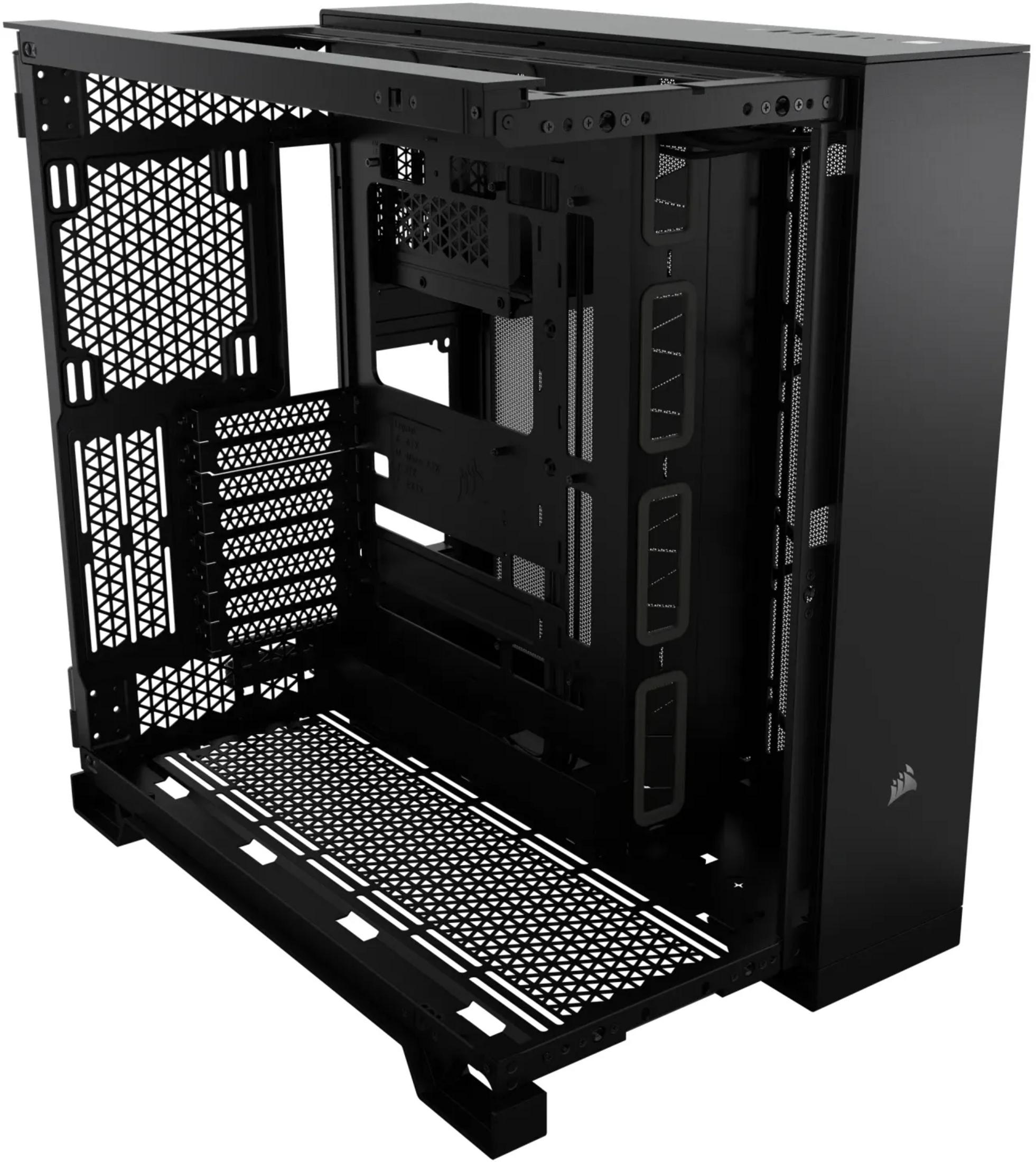 Caja de ordenador negra con panel lateral abierto y paneles perforados.
