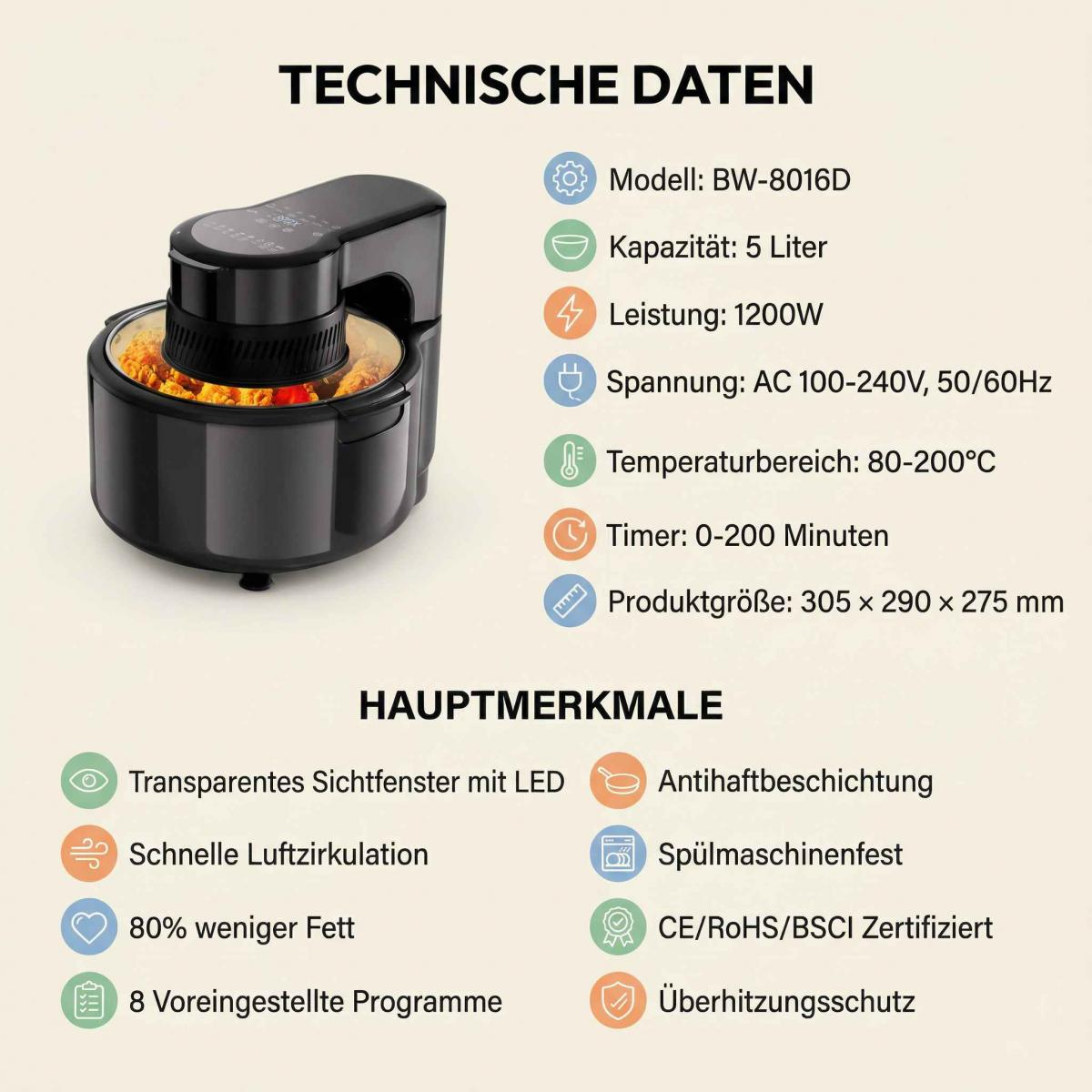 Technische Daten eines schwarzen Heißluftfritteusen mit 5L Kapazität und LED-Fenster.