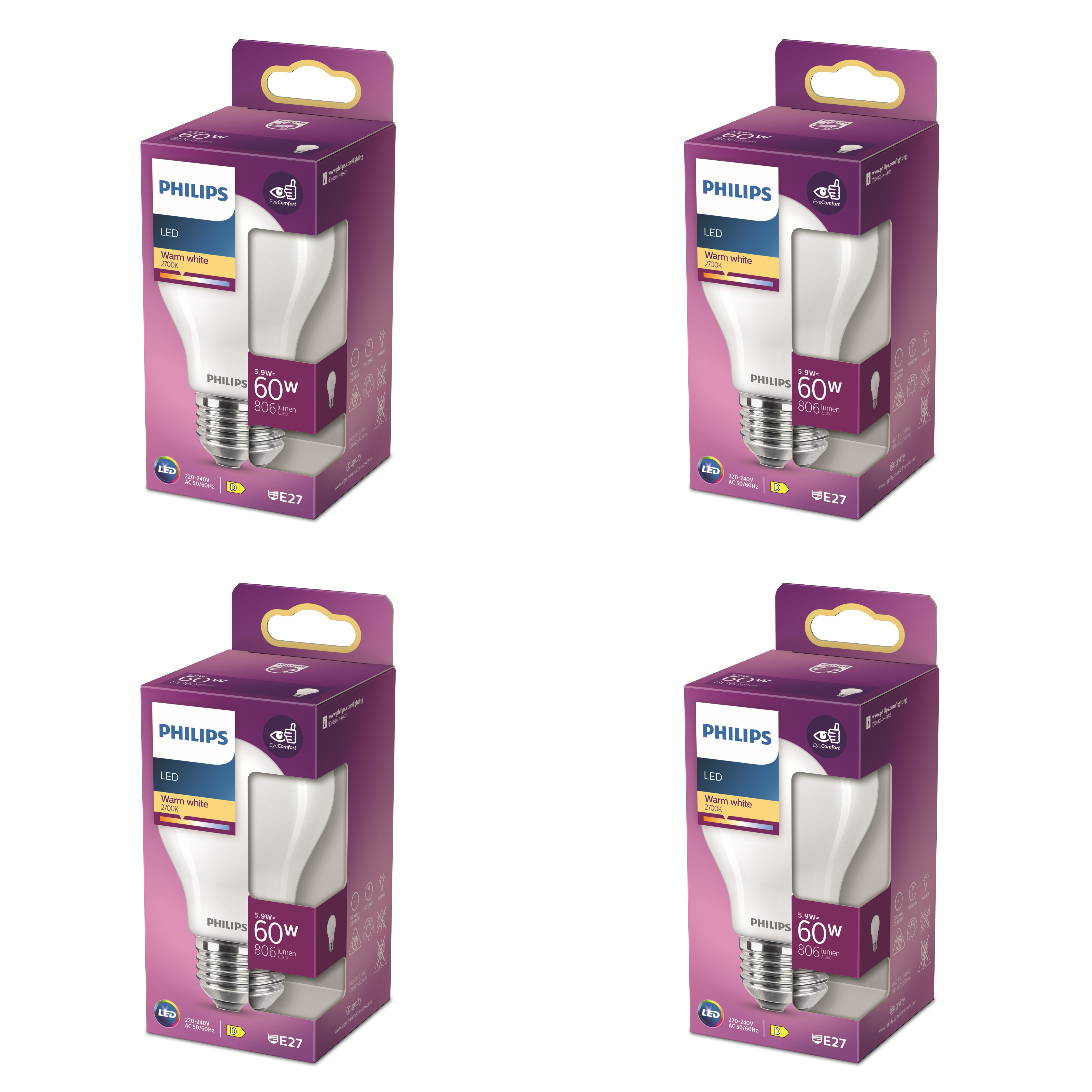 Cuatro bombillas LED Philips en embalaje morado, blanco cálido, equivalente a 60W.