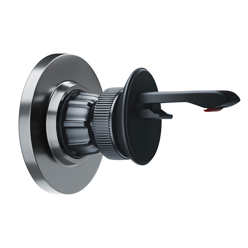 Czarny uchwyt na telefon do kratki nawiewu z czerwono-czarnym detalem.