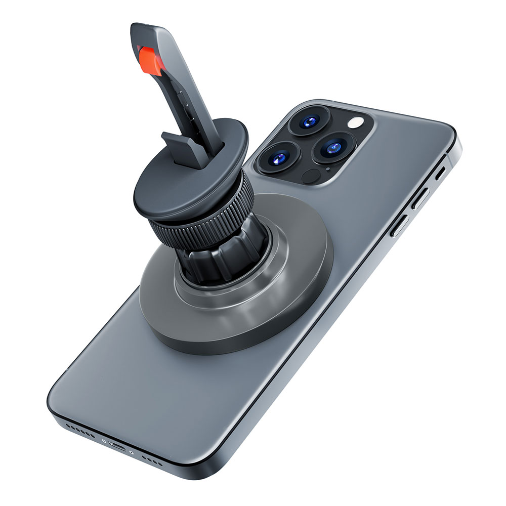 Szary uchwyt na telefon z pomarańczową dźwignią, przymocowany do szarego smartfona.