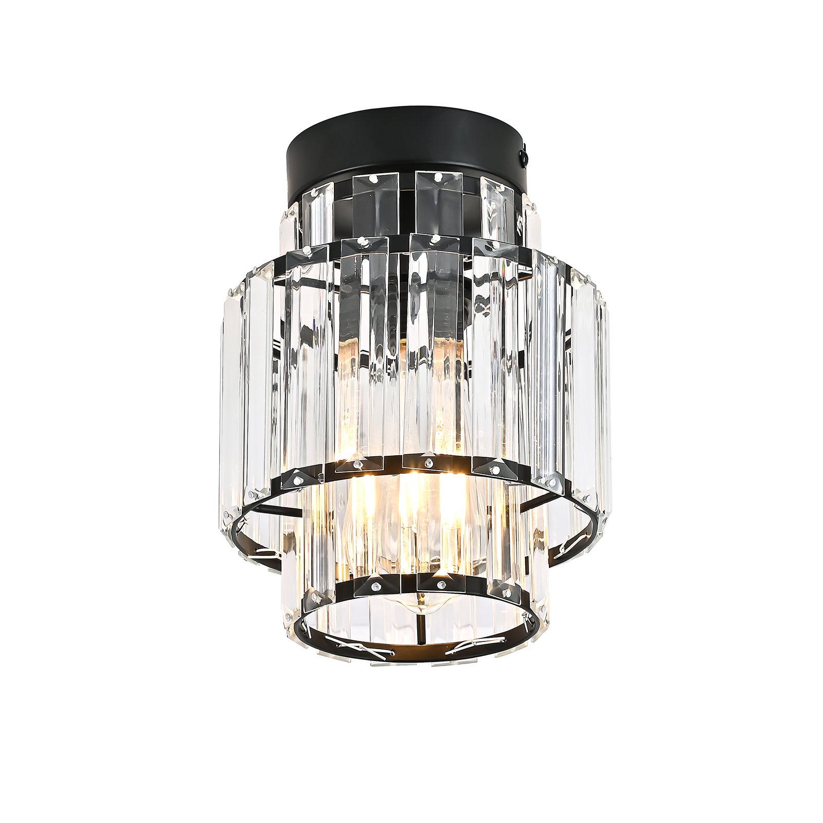 Una lampada da soffitto a filo con accenti in metallo nero e strisce di cristallo.