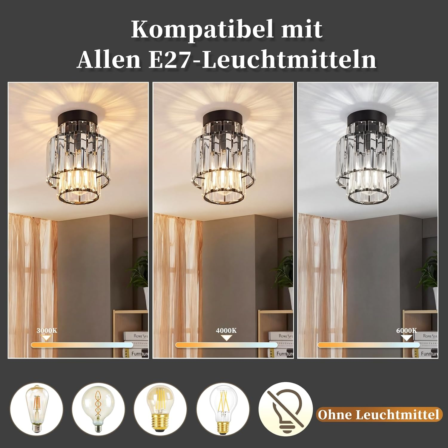 Deckenleuchte mit Kristallen in drei Lichtfarben: warmweiß, neutralweiß, kaltweiß.