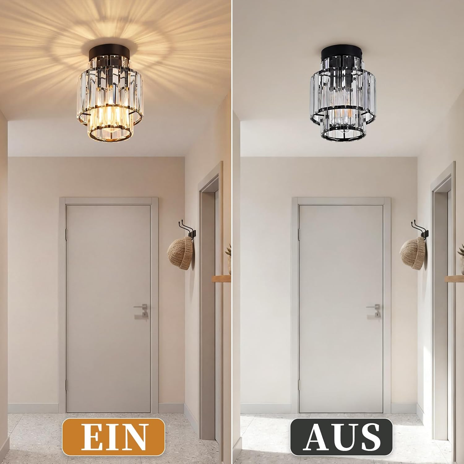Ein Flur mit einer Lampe oben, links EIN, rechts AUS. Türen und Deko.