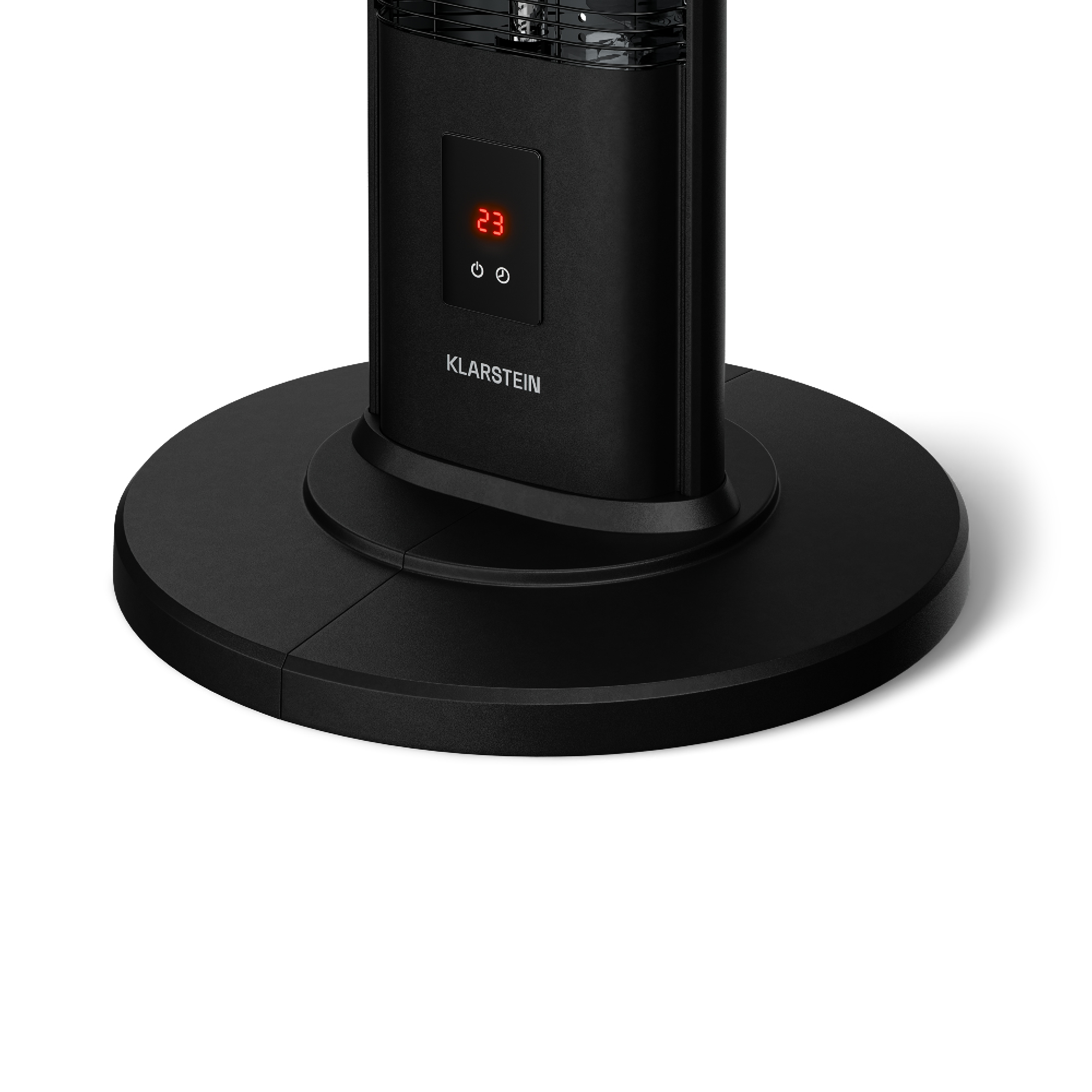 Schwarzer Heizstrahler mit rotem LED-Display, das 23 Grad anzeigt.
