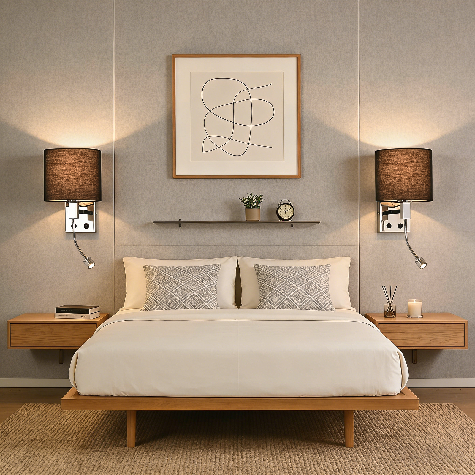 Una camera da letto moderna con letto in legno, due comodini e lampade da parete.