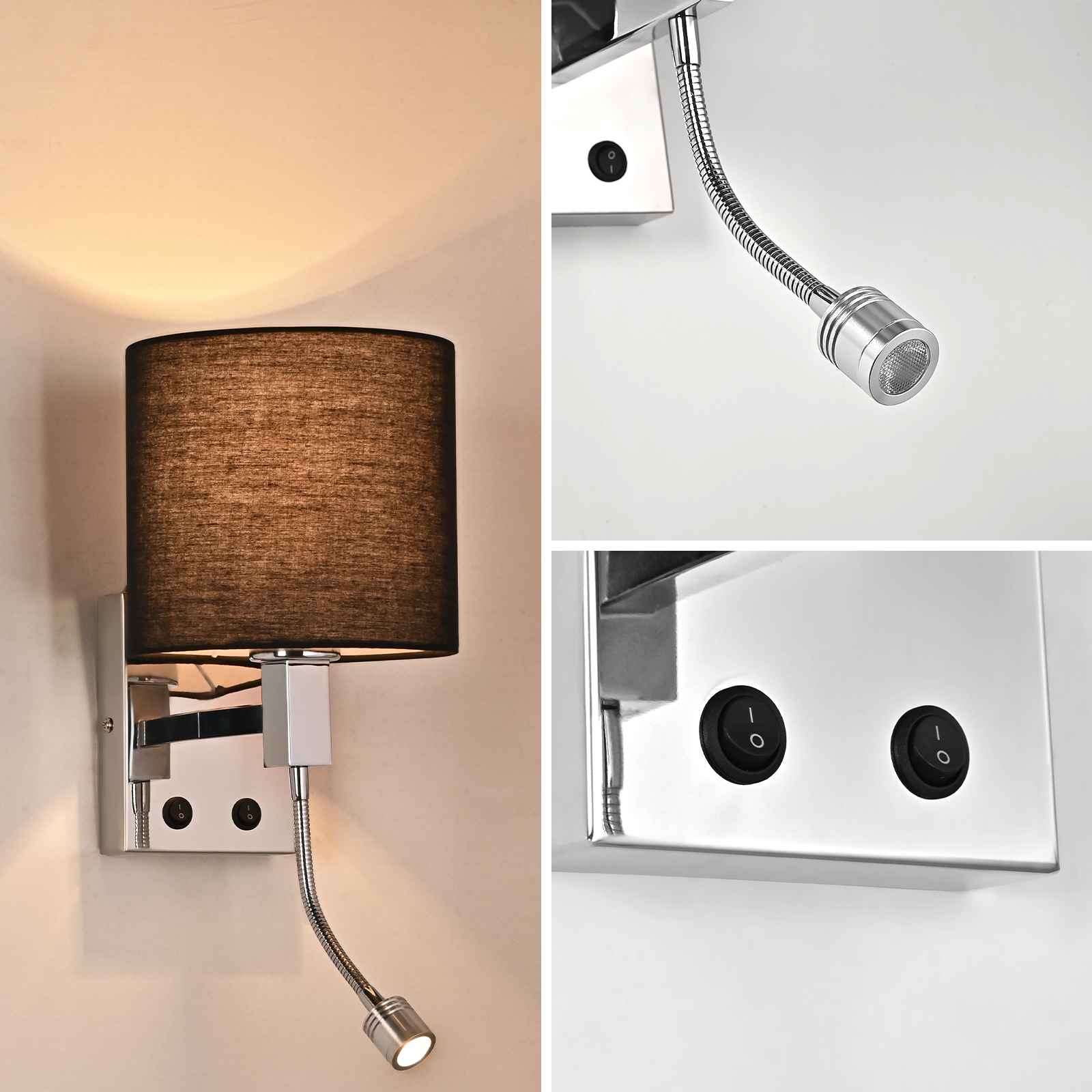 Lampada da parete con paralume nero e braccio flessibile in metallo.