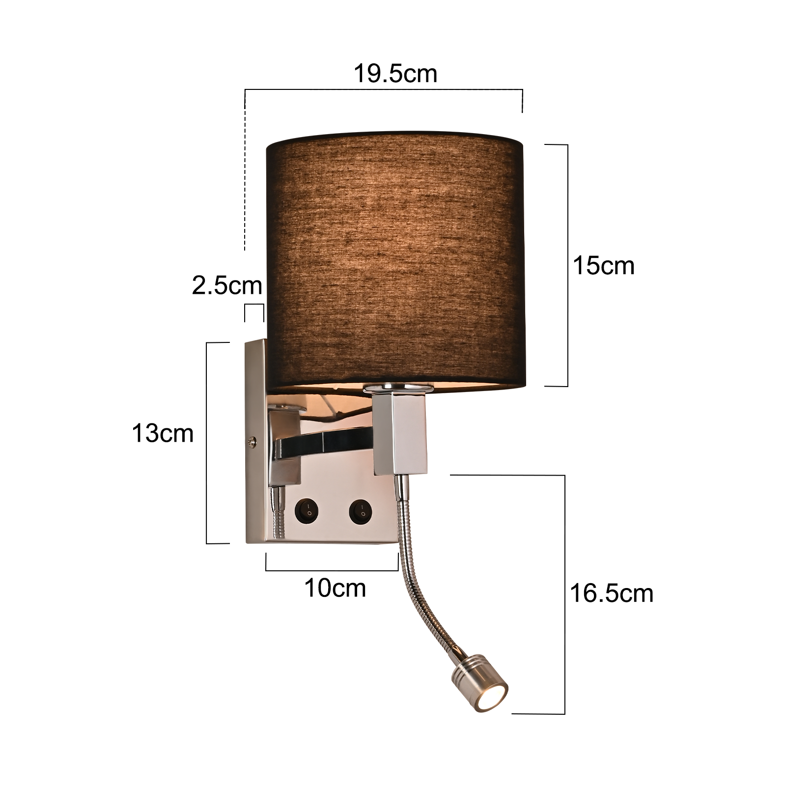 Lampada da parete con paralume in tessuto marrone e braccio flessibile. Misure indicate.
